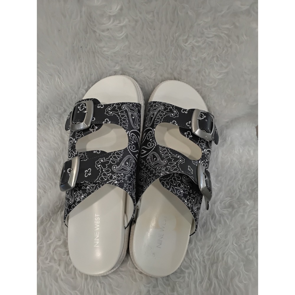 Nine West Demela Paisley Print Buckle Slide Sandals Blue White 11M WNDEMELA3-R